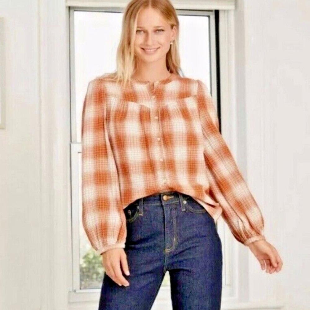 Universal Thread Rust Colored button front plaid cotton gauze shirt size xsmall - Picture 2 of 10